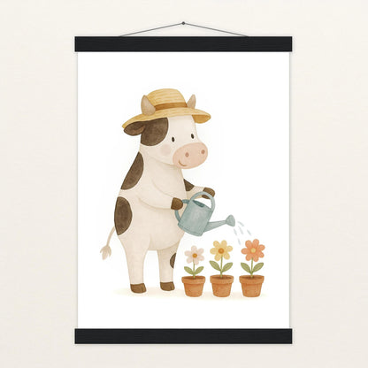 Klara die Kuh - Motiv: "Blumengießen" Poster mit Leisten von tinylearner