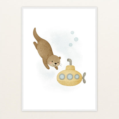 Otti der Otter - Motiv: "U-Boot" Poster mit Holzrahmen von tinylearner