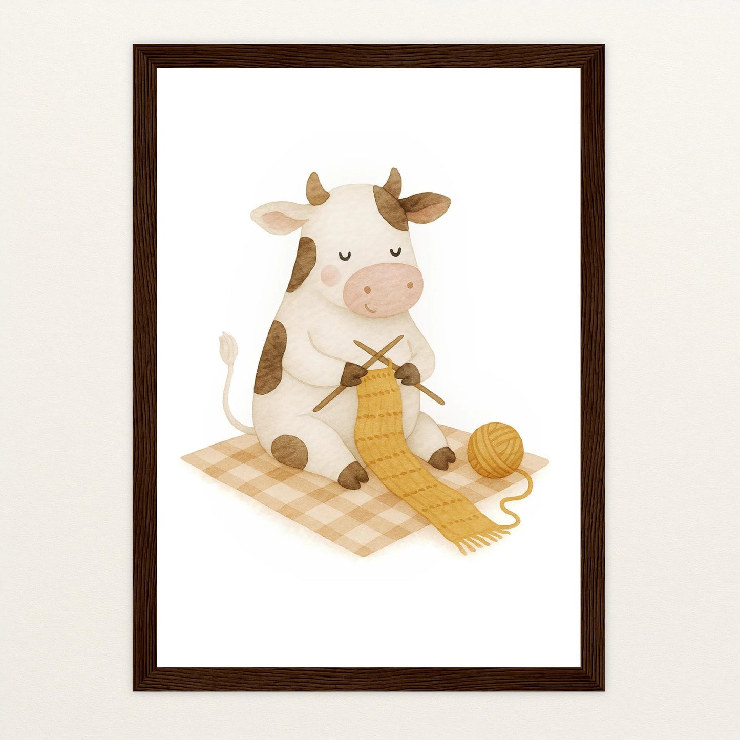 Klara die Kuh - Motiv: "Häkeln" Poster mit Holzrahmen von tinylearner