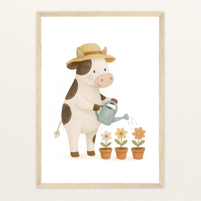 Klara die Kuh - Motiv: "Blumengießen" Poster mit Holzrahmen von tinylearner