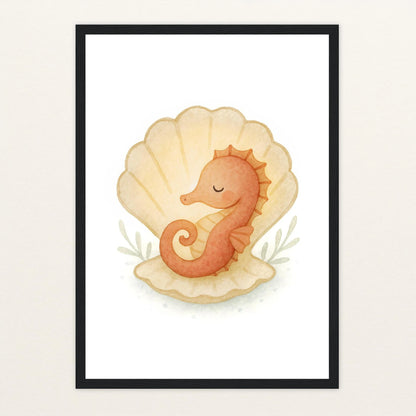 Suri das Seepferdchen - Motiv: "Muschel" Poster mit Holzrahmen von tinylearner