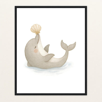 Dora der Delfin - Motiv: "Muschel" Poster mit Holzrahmen von tinylearner