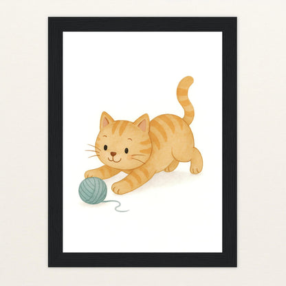 Kira die Katze - Motiv: "Wolle" Poster mit Holzrahmen von tinylearner