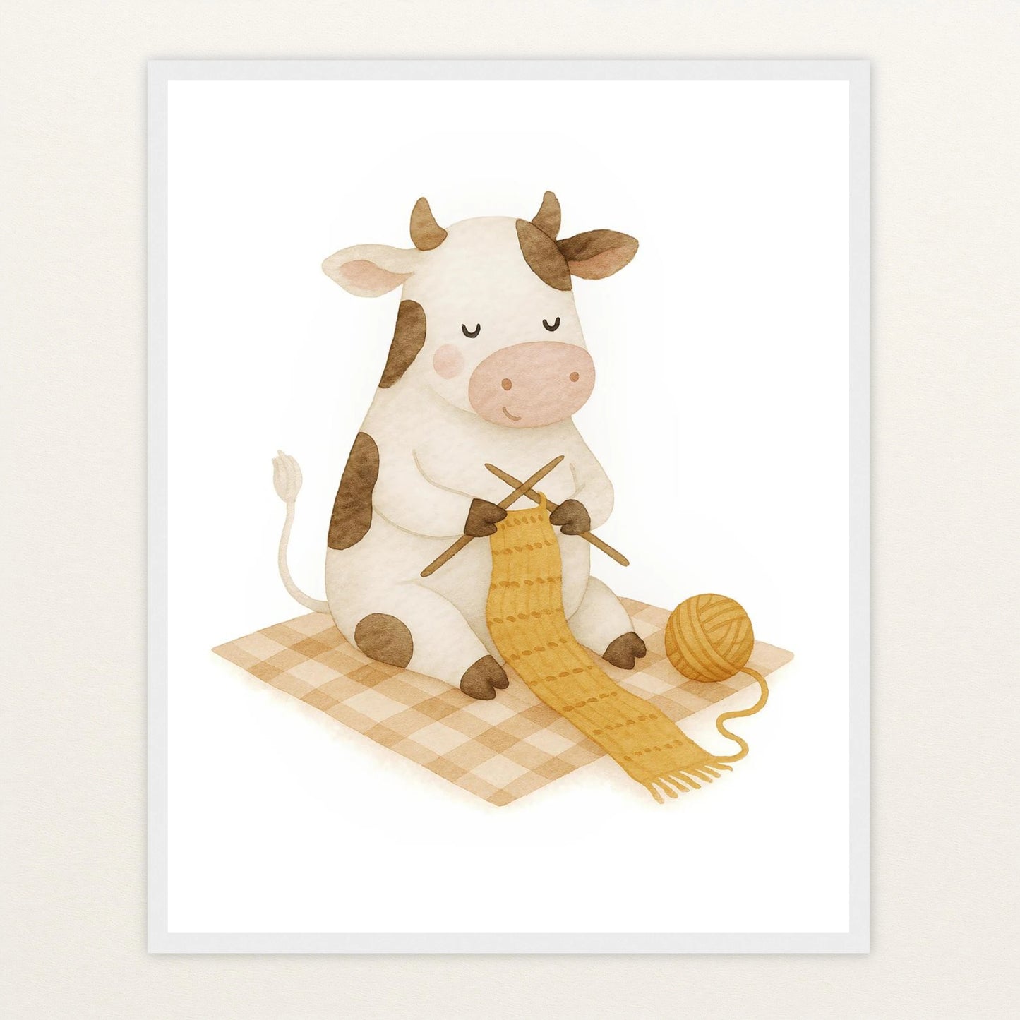 Klara die Kuh - Motiv: "Häkeln" Poster mit Holzrahmen von tinylearner