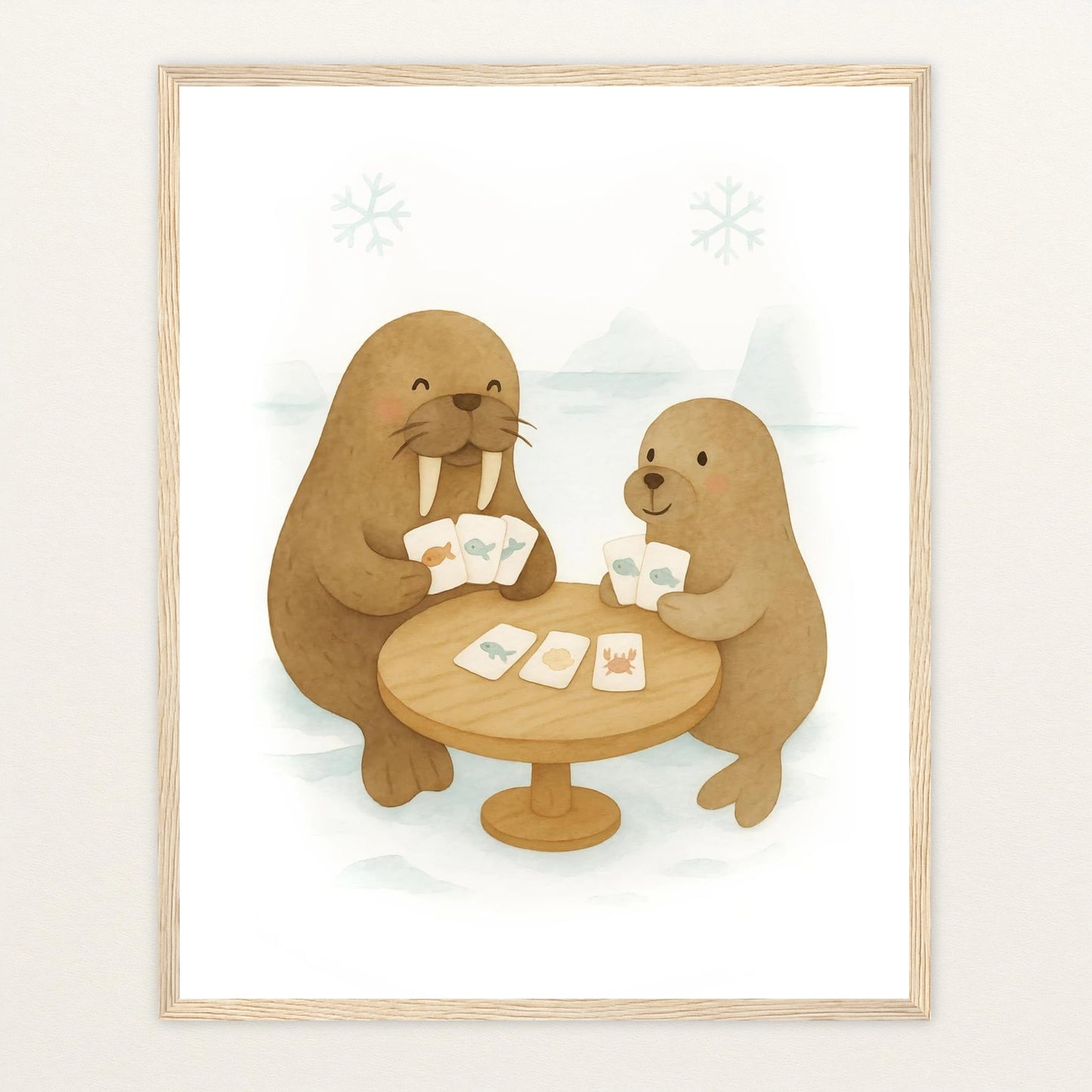 Wally das Walross - Motiv: "Kartenspiel" Poster mit Holzrahmen von tinylearner