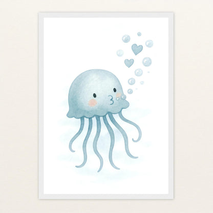 Quinn die Qualle - Motiv: "Luftblasen" Poster mit Holzrahmen von tinylearner