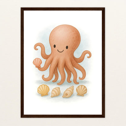 Tilli der Tintenfisch - Motiv: "Muscheln" Poster mit Holzrahmen von tinylearner