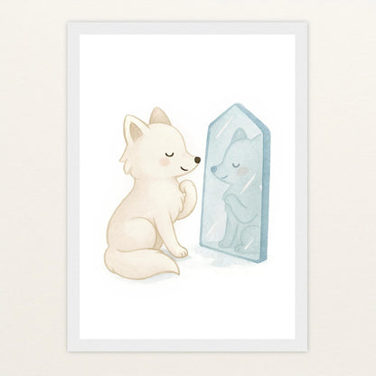 Pino der Polarfuchs - Motiv: "Spiegel" Poster mit Holzrahmen von tinylearner