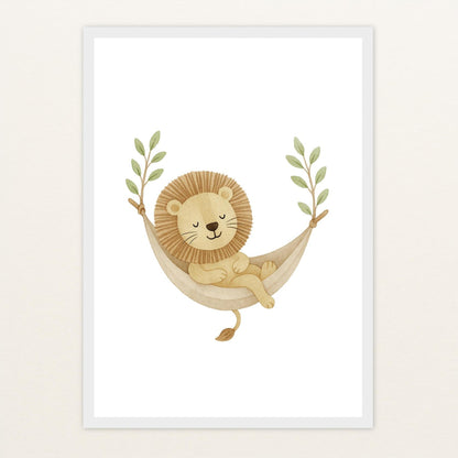 Leo der Löwe - Motiv: "Hängematte" Poster mit Holzrahmen von tinylearner