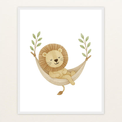 Leo der Löwe - Motiv: "Hängematte" Poster mit Holzrahmen von tinylearner