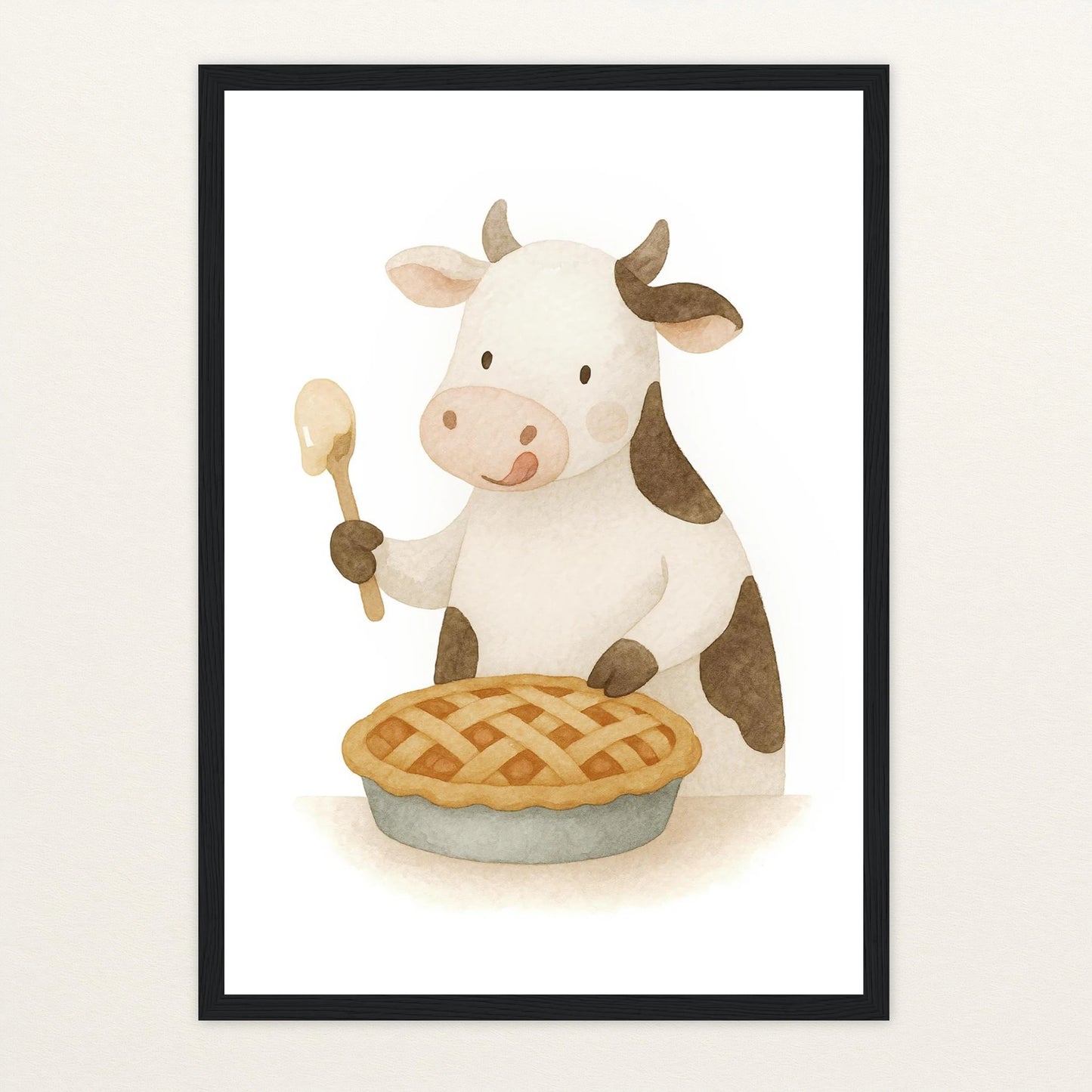 Klara die Kuh - Motiv: "Kuchen" Poster mit Holzrahmen von tinylearner