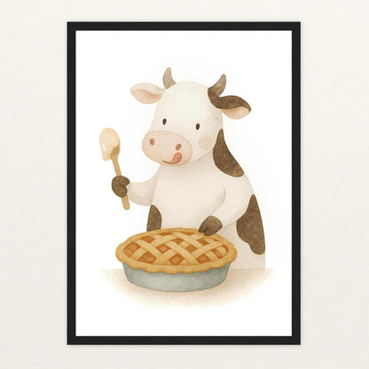 Klara die Kuh - Motiv: "Kuchen" Poster mit Holzrahmen von tinylearner