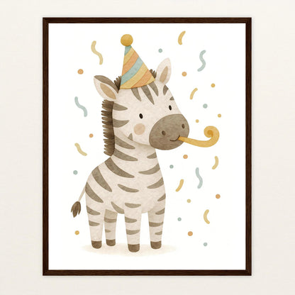 Zinni das Zebra - Motiv: "Party" Poster mit Holzrahmen von tinylearner