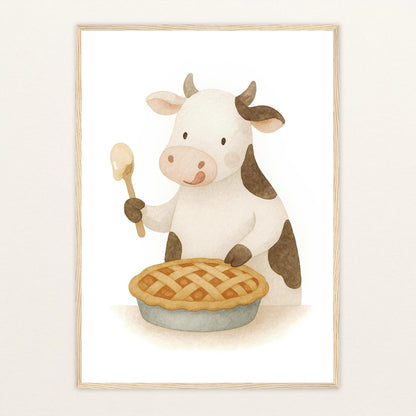 Klara die Kuh - Motiv: "Kuchen" Poster mit Holzrahmen von tinylearner