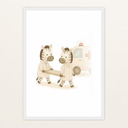 Zinni das Zebra - Motiv: "Krankenwagen" Poster mit Holzrahmen von tinylearner