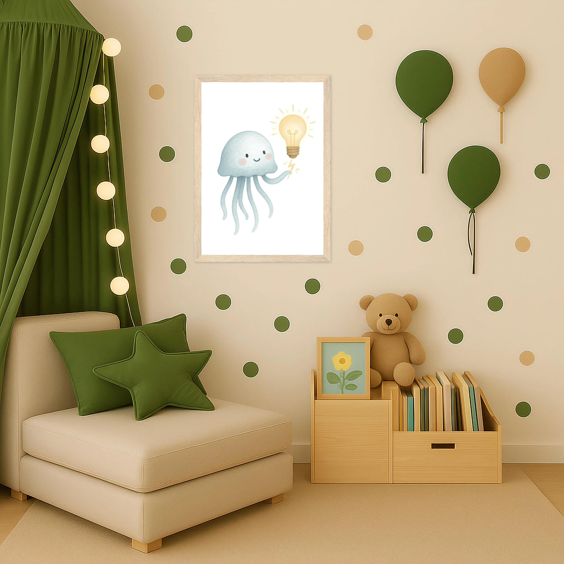 Quinn die Qualle - Motiv: "Glühbirne" Poster mit Holzrahmen von tinylearner