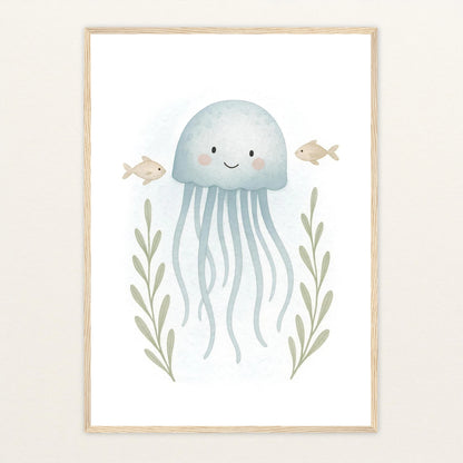 Quinn die Qualle Poster mit Holzrahmen von tinylearner