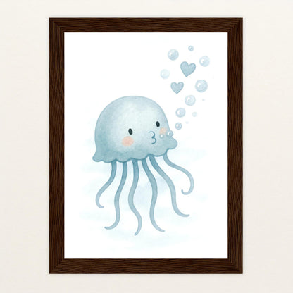 Quinn die Qualle - Motiv: "Luftblasen" Poster mit Holzrahmen von tinylearner