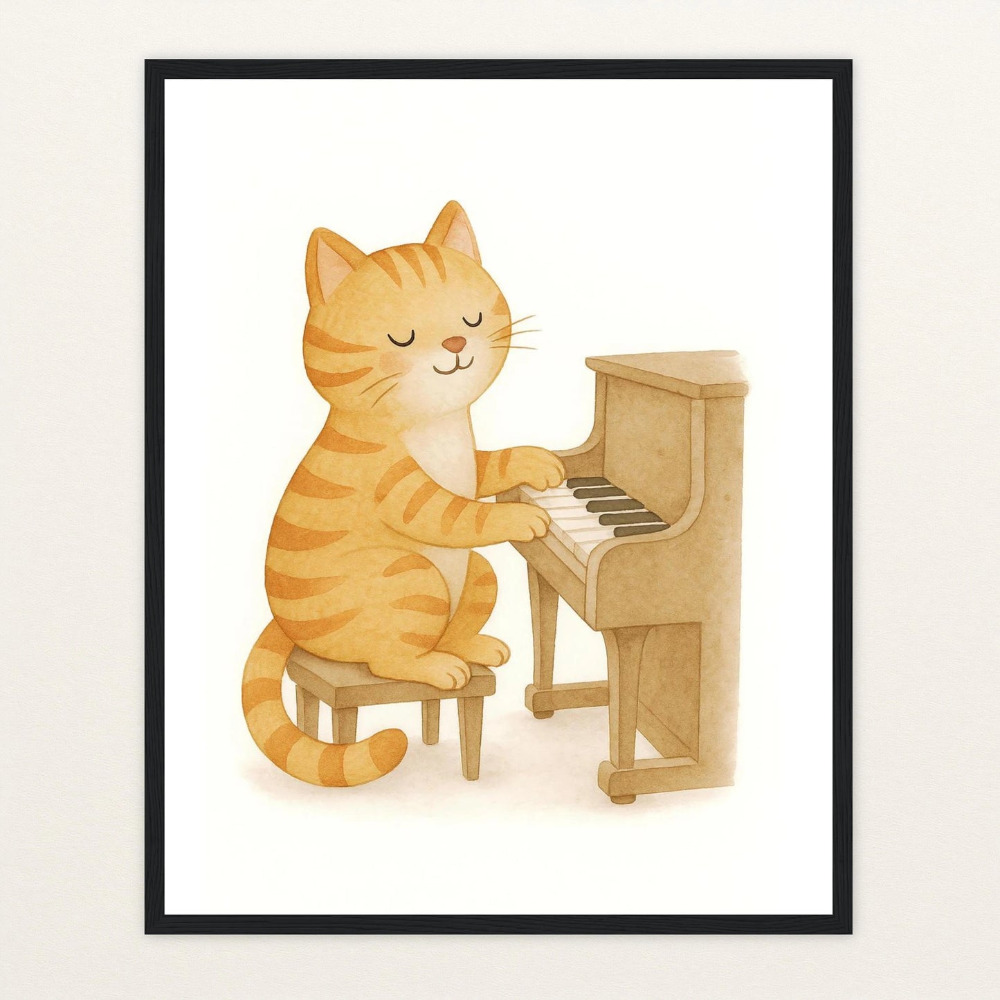 Kira die Katze - Motiv: "Klavier" Poster mit Holzrahmen von tinylearner