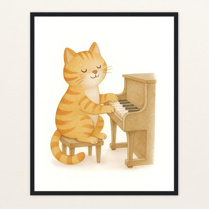 Kira die Katze - Motiv: "Klavier" Poster mit Holzrahmen von tinylearner