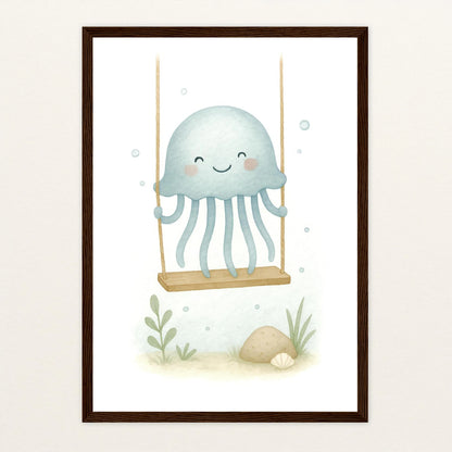 Quinn die Qualle - Motiv: "Schaukel" Poster mit Holzrahmen von tinylearner