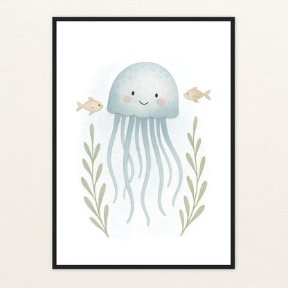 Quinn die Qualle Poster mit Holzrahmen von tinylearner