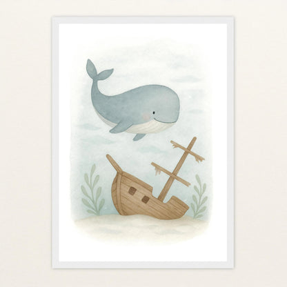 Willi der Wal - Motiv: "Schiffswrack" Poster mit Holzrahmen von tinylearner