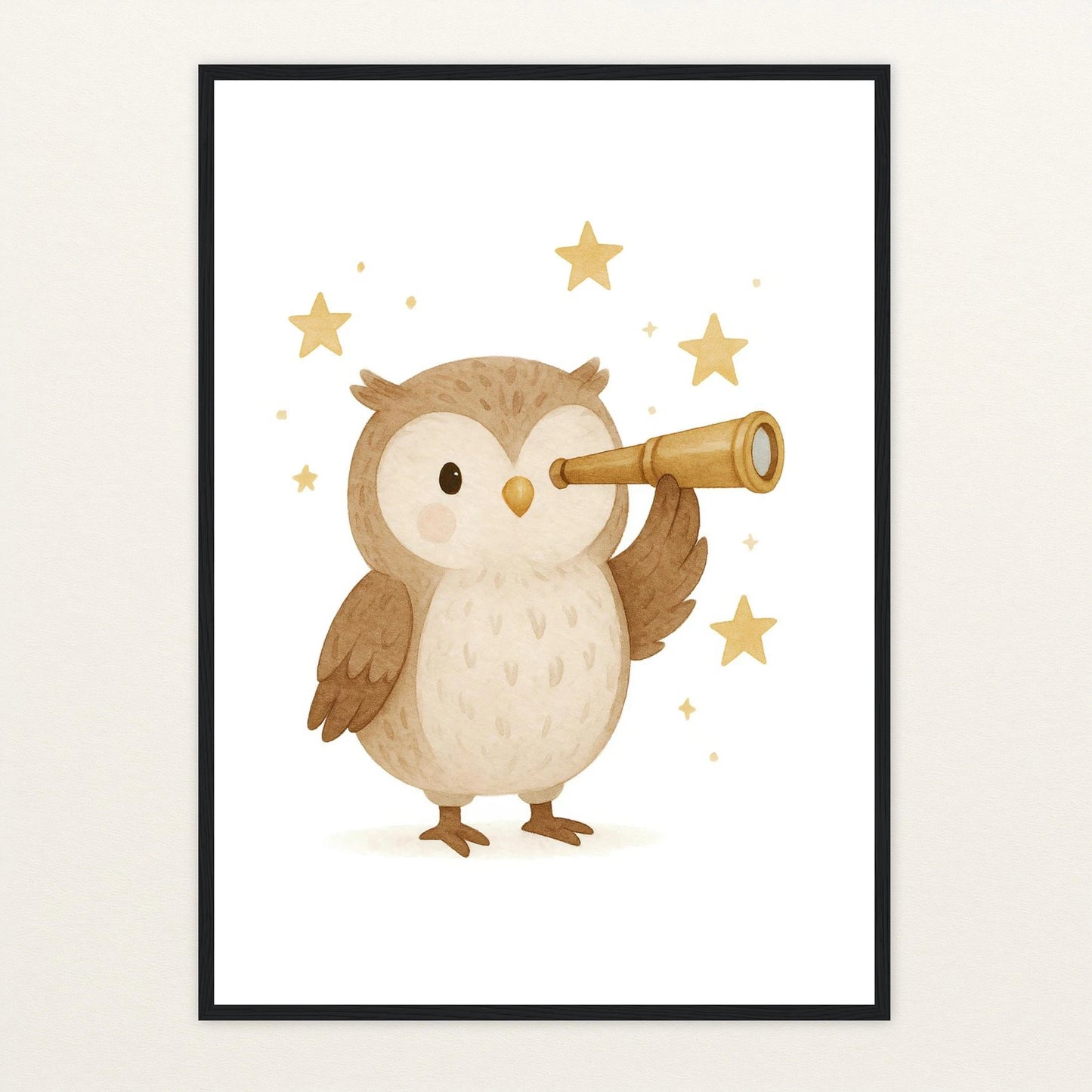 Emmi die Eule - Motiv: "Fernglas" Poster mit Holzrahmen von tinylearner