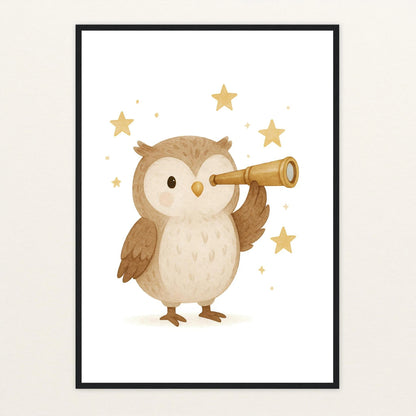 Emmi die Eule - Motiv: "Fernglas" Poster mit Holzrahmen von tinylearner