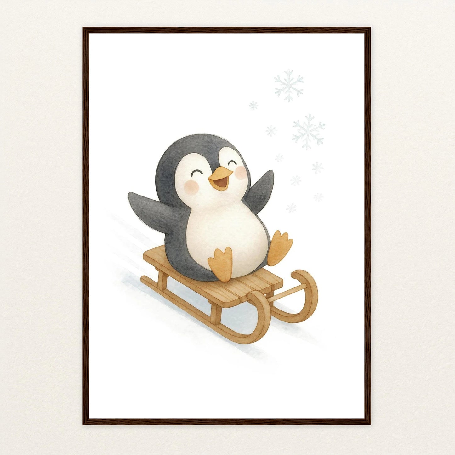 Pia der Pinguin - Motiv: "Schlitten" Poster mit Holzrahmen von tinylearner