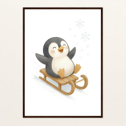 Pia der Pinguin - Motiv: "Schlitten" Poster mit Holzrahmen von tinylearner