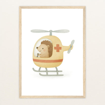 Iggi der Igel - Motiv: "Rettungshubschrauber" Poster mit Holzrahmen von tinylearner