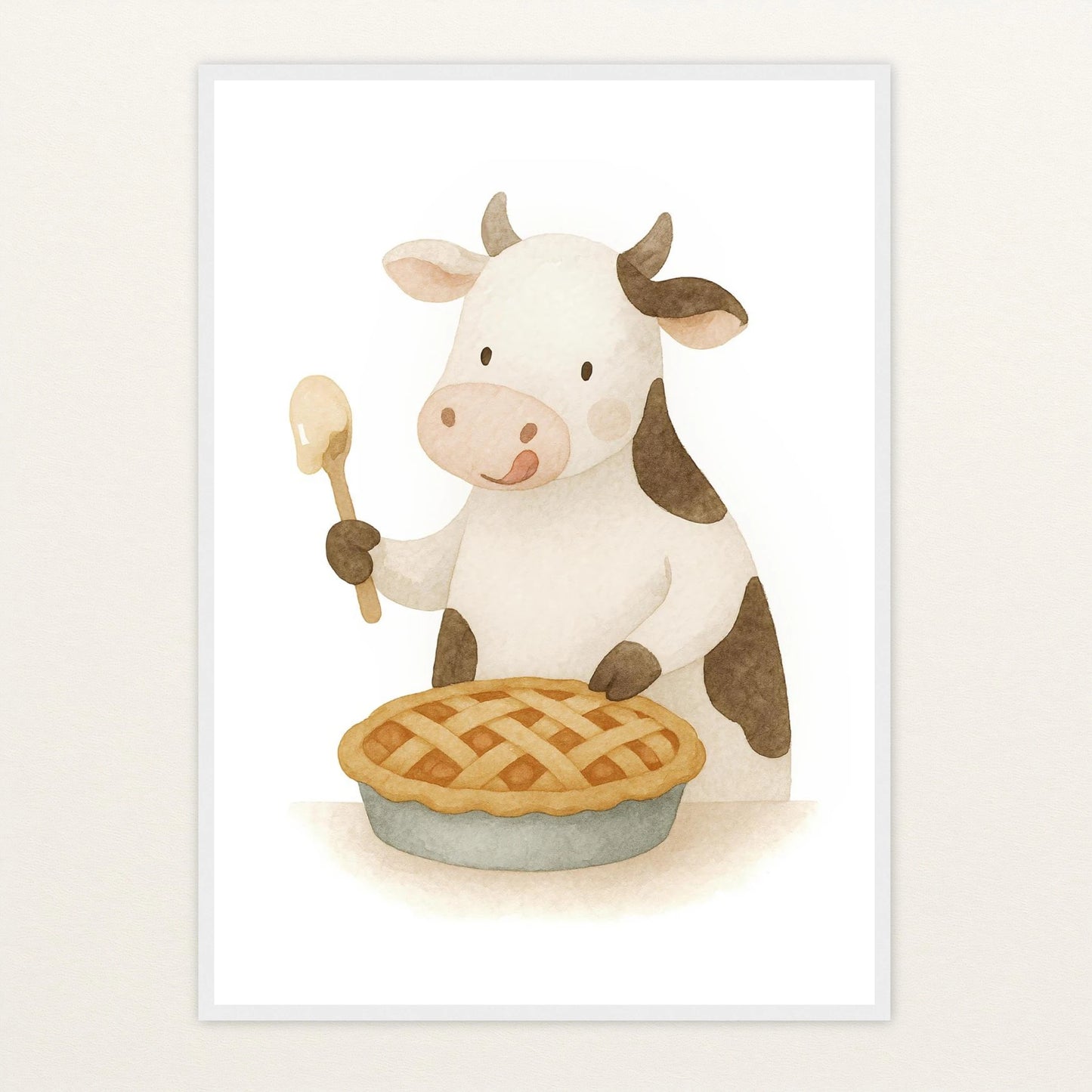 Klara die Kuh - Motiv: "Kuchen" Poster mit Holzrahmen von tinylearner