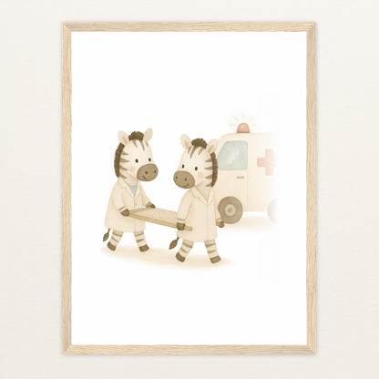 Zinni das Zebra - Motiv: "Krankenwagen" Poster mit Holzrahmen von tinylearner