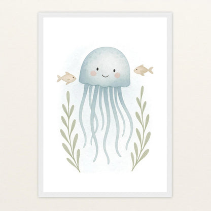 Quinn die Qualle Poster mit Holzrahmen von tinylearner