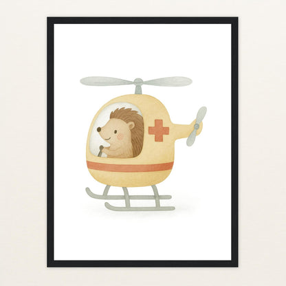 Iggi der Igel - Motiv: "Rettungshubschrauber" Poster mit Holzrahmen von tinylearner