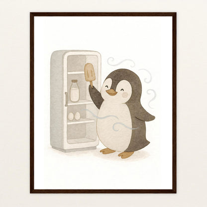 Pia der Pinguin - Motiv: "Eis" Poster mit Holzrahmen von tinylearner