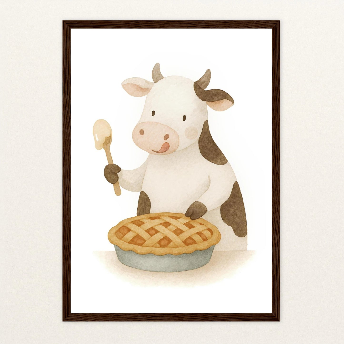 Klara die Kuh - Motiv: "Kuchen" Poster mit Holzrahmen von tinylearner