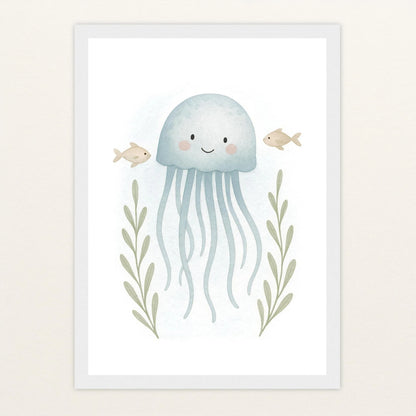 Quinn die Qualle Poster mit Holzrahmen von tinylearner