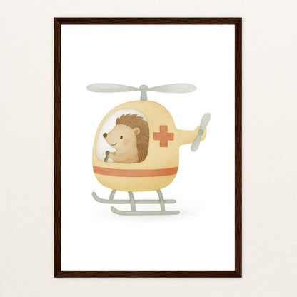 Iggi der Igel - Motiv: "Rettungshubschrauber" Poster mit Holzrahmen von tinylearner