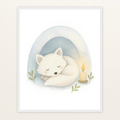 Pino der Polarfuchs - Motiv: "Schneehöhle" Poster mit Holzrahmen von tinylearner