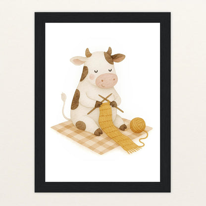 Klara die Kuh - Motiv: "Häkeln" Poster mit Holzrahmen von tinylearner