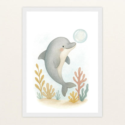 Dora der Delfin - Motiv: "Luftblase" Poster mit Holzrahmen von tinylearner