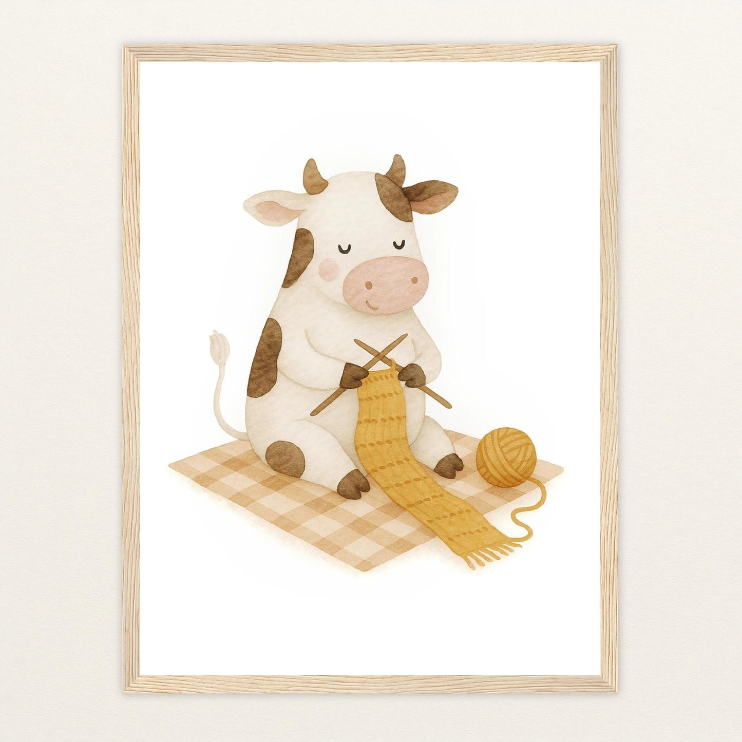 Klara die Kuh - Motiv: "Häkeln" Poster mit Holzrahmen von tinylearner