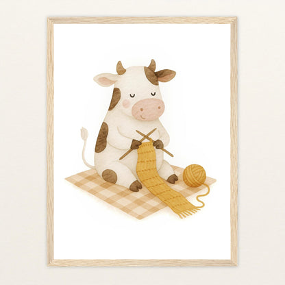 Klara die Kuh - Motiv: "Häkeln" Poster mit Holzrahmen von tinylearner