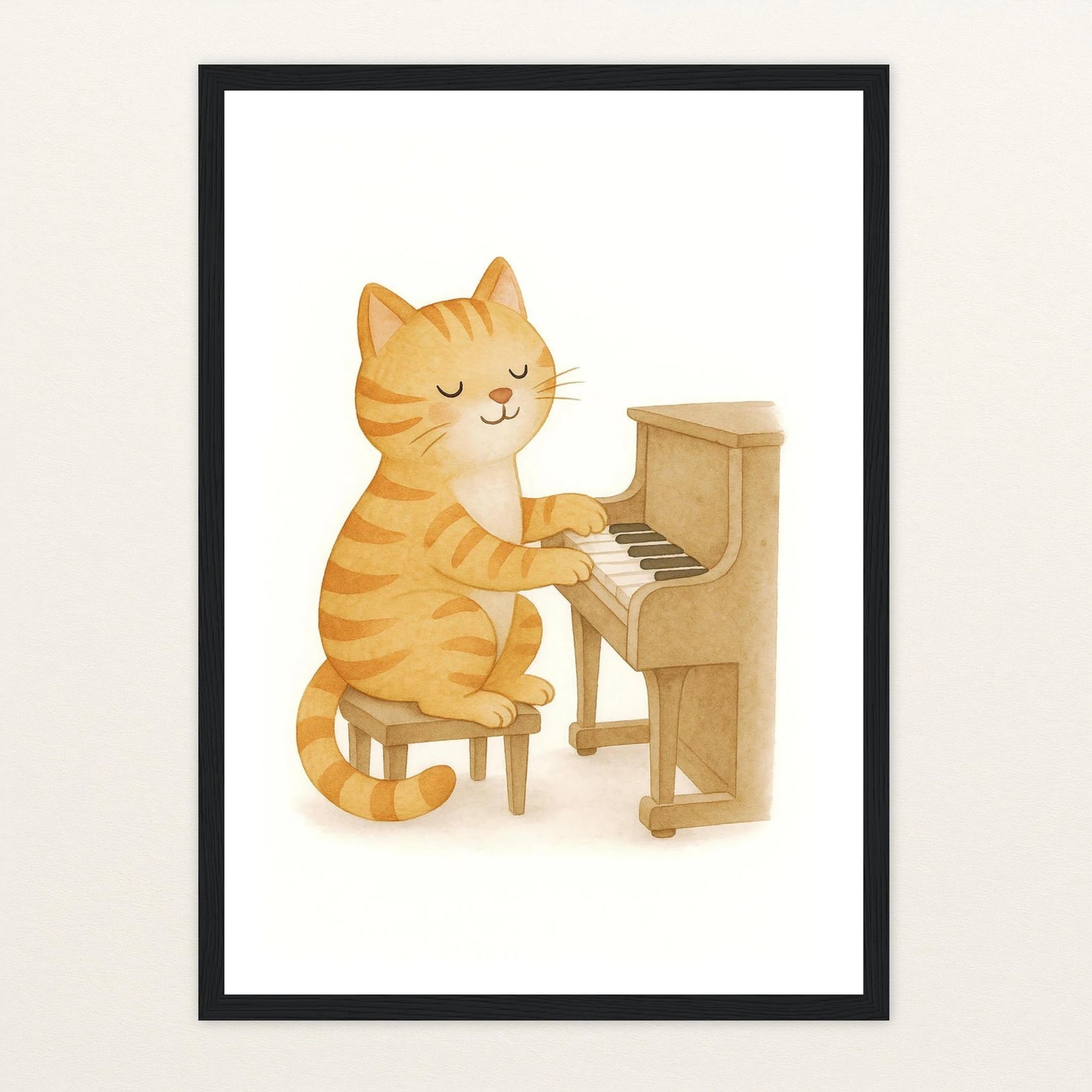 Kira die Katze - Motiv: "Klavier" Poster mit Holzrahmen von tinylearner