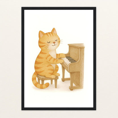 Kira die Katze - Motiv: "Klavier" Poster mit Holzrahmen von tinylearner