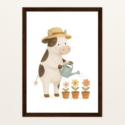 Klara die Kuh - Motiv: "Blumengießen" Poster mit Holzrahmen von tinylearner