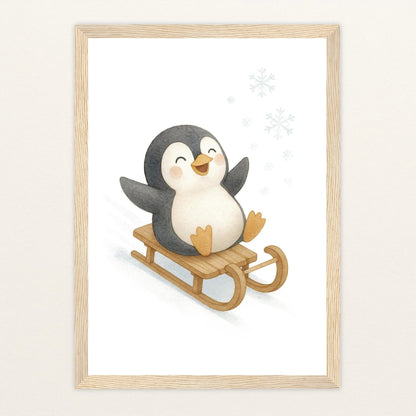 Pia der Pinguin - Motiv: "Schlitten" Poster mit Holzrahmen von tinylearner