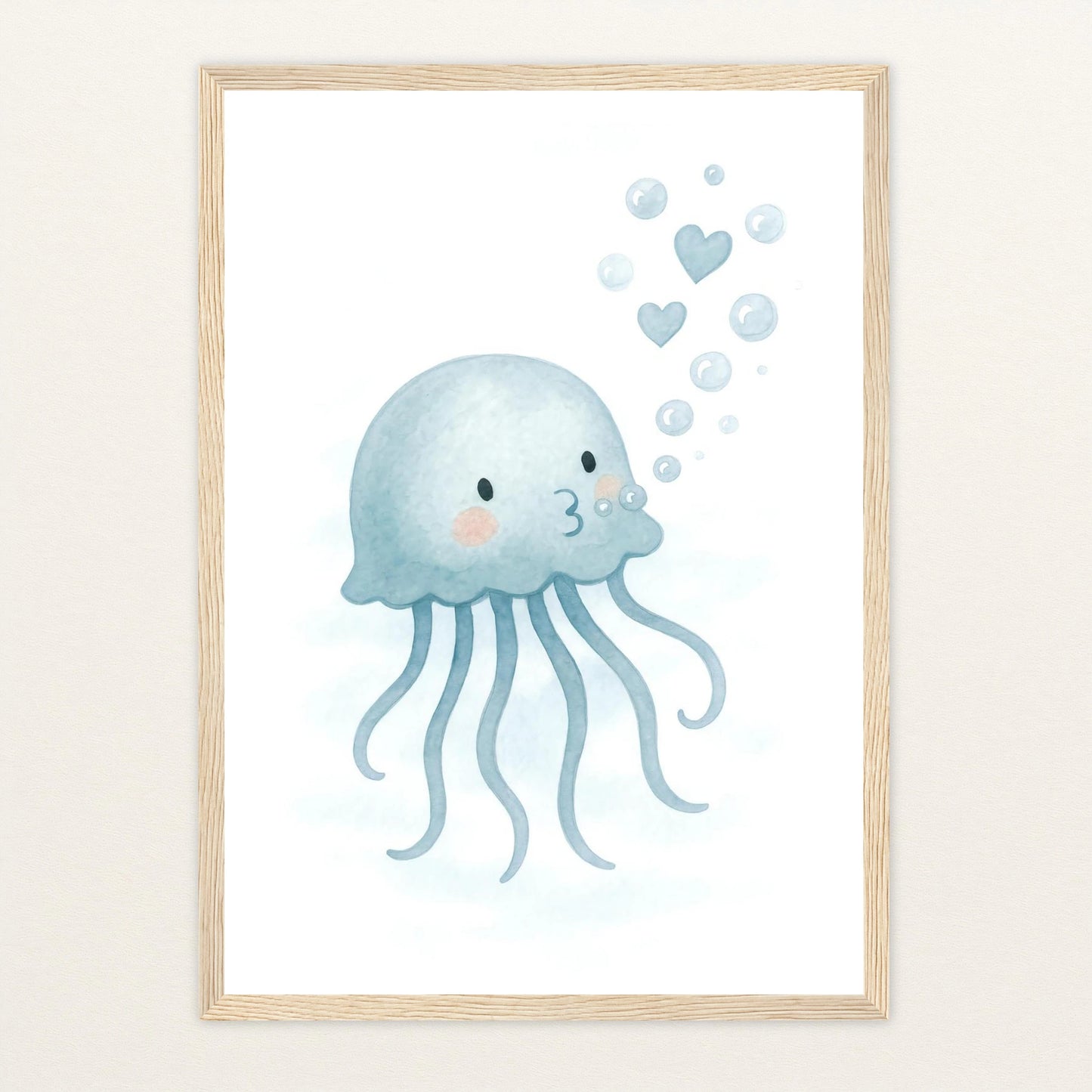 Quinn die Qualle - Motiv: "Luftblasen" Poster mit Holzrahmen von tinylearner